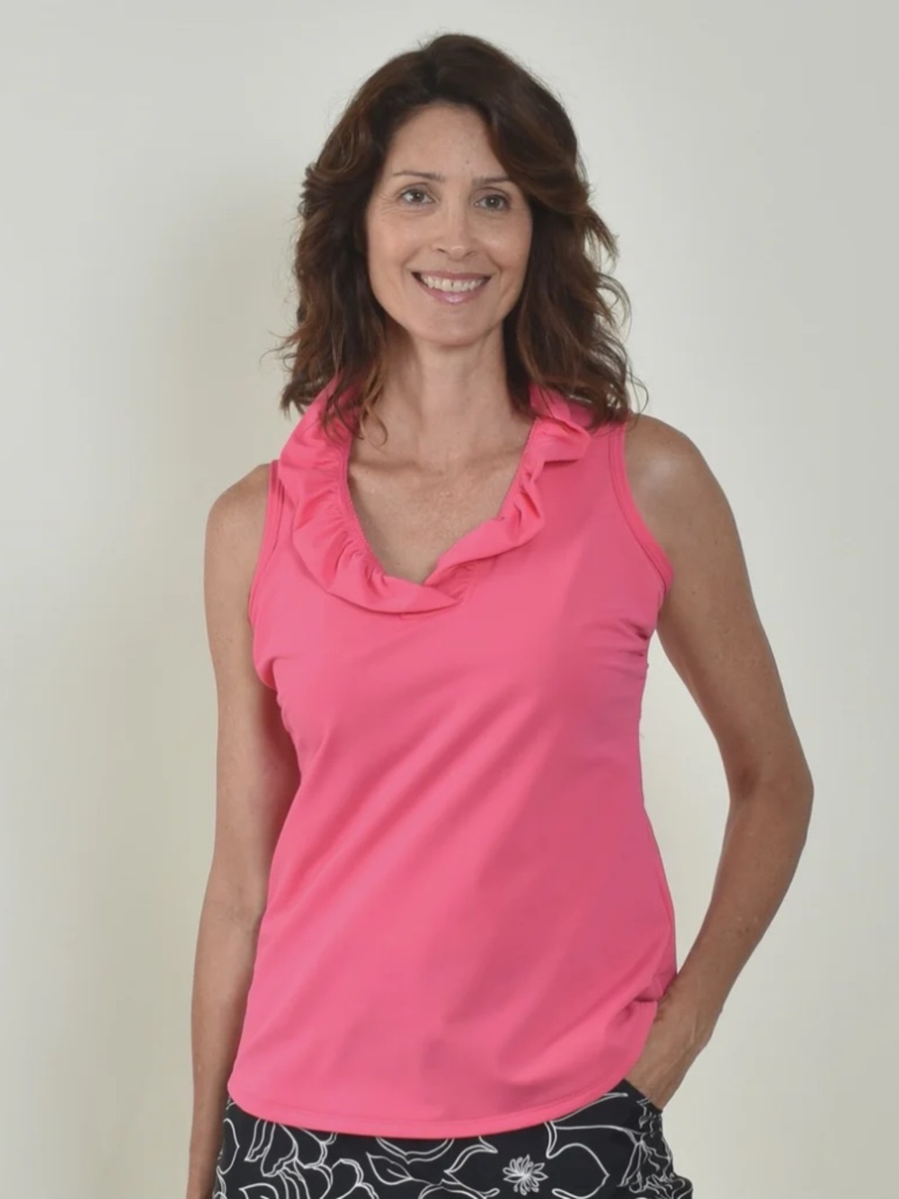 Southwind Apparel Pebble Beach Ruffle Top Flamingo Pink Sleeveless